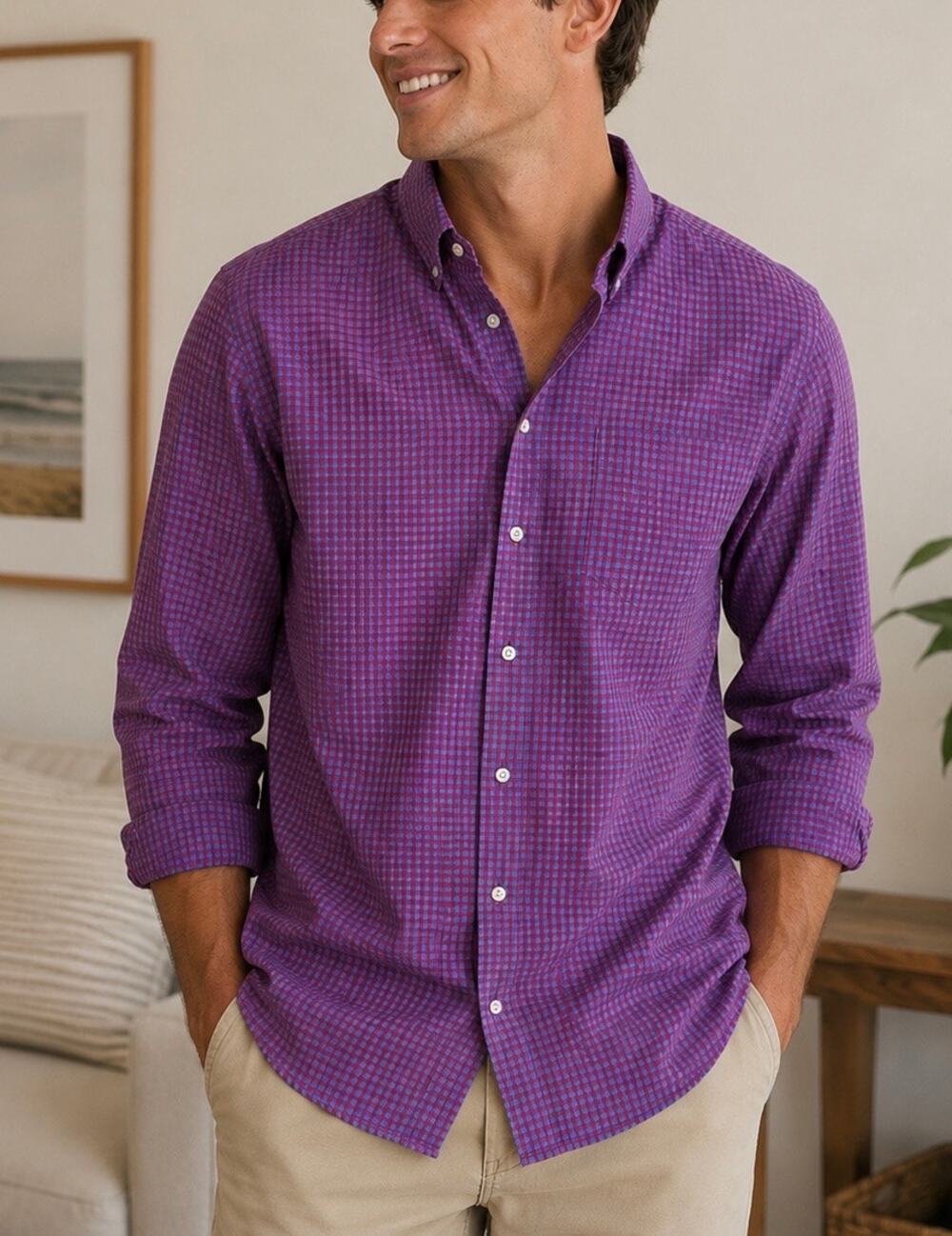 UNTUCKit Mens XL Gingham Button Down Shirt Purple Blue Long Sleeve EUC
